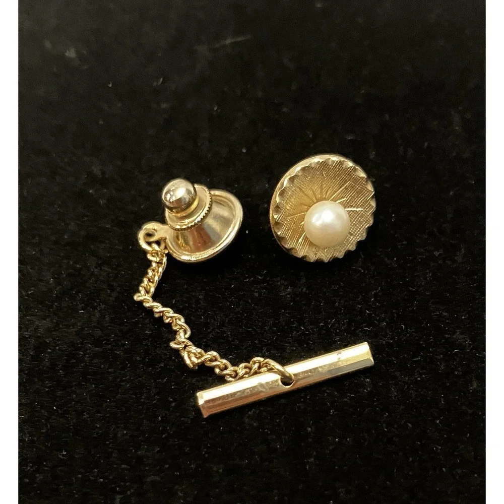 VTG Faux Pearl Gold Tone Tie Tack & Chain Sunburst Estate Menswear Retro Jewelry